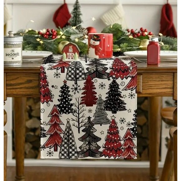 Christmas Tree Table Runner Linen 13x72in Trees & Snowflakes - Picture 2 of 3
